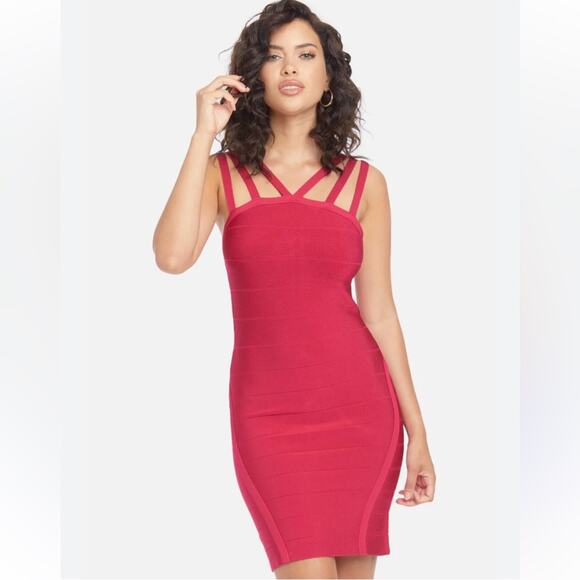 NWT Bebe Women’s Pink Strawberry Multi Strap Bandage Mini Dress Size M Bodycon - Picture 1 of 12